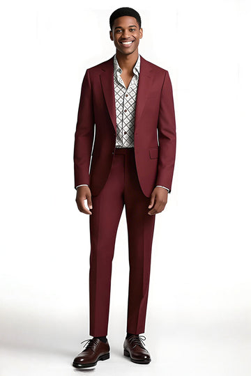 Borgonha Notched Lapela 2 Peças Slim Fit Homens Prom Suits